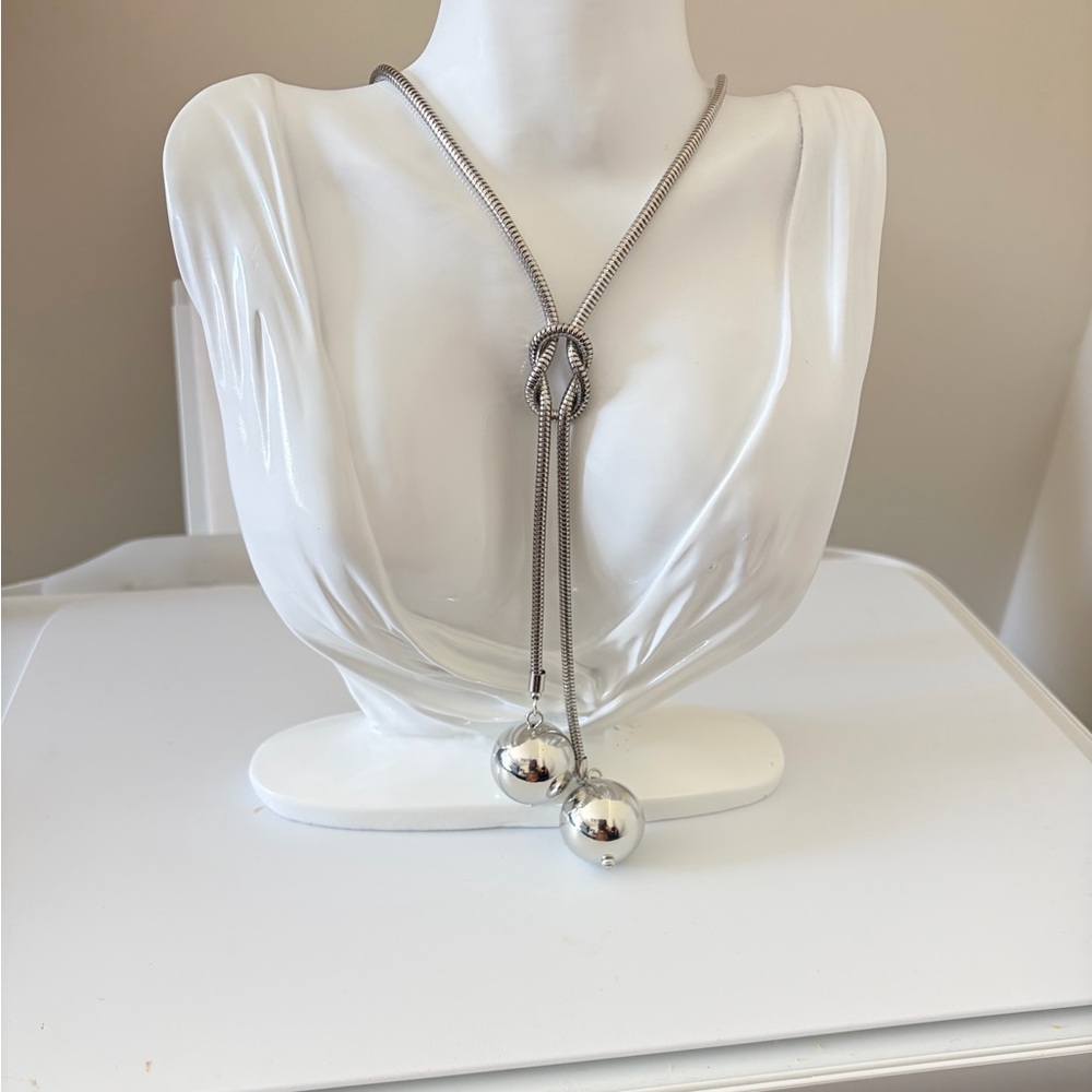 Silver Lariat Necklace with Polished Ball Ends